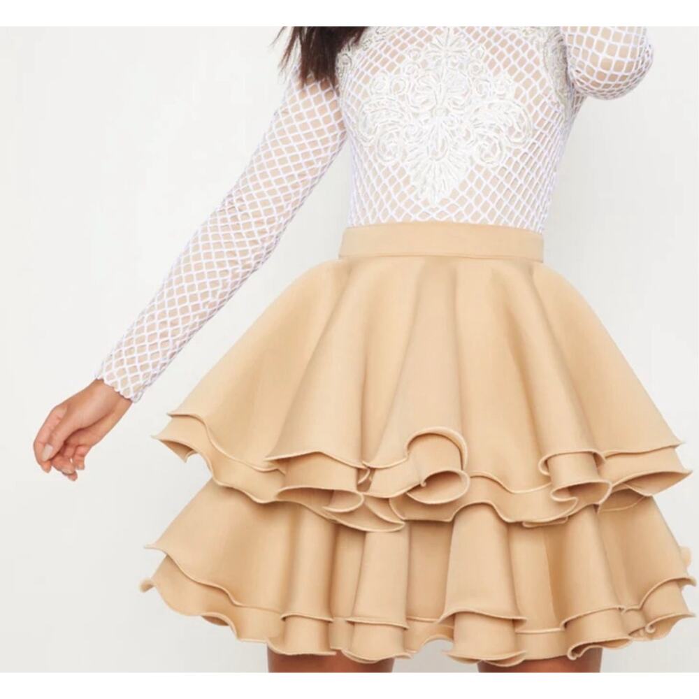 NUDE APPLIQUE DETAIL RUFFLE TIERED SKATER DRESS NWT SIZE 0 - Picture 4 of 14